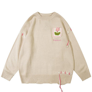 Flower Pocket Sweater Oversize Basic Autumn Warm Streetwear Long Sleeves Round Neck Fashion Pullovers