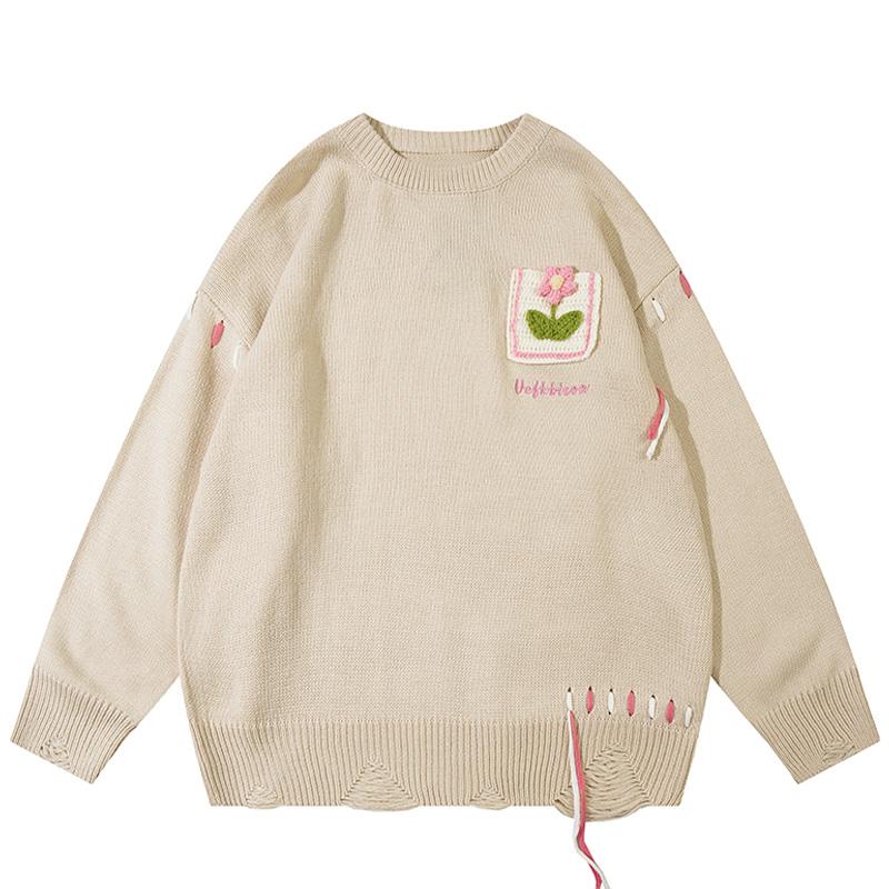 Flower Pocket Sweater Oversize Basic Autumn Warm Streetwear Long Sleeves Round Neck Fashion Pullovers