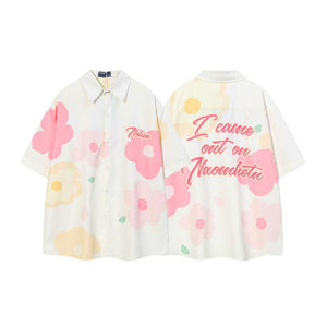 Vertical Line Trade Japanese Style Leisure College Style Flower Couples Short-sleeved Shirt For Men And Women Loose Campus Graffiti Style Short-sleeved Shirt
