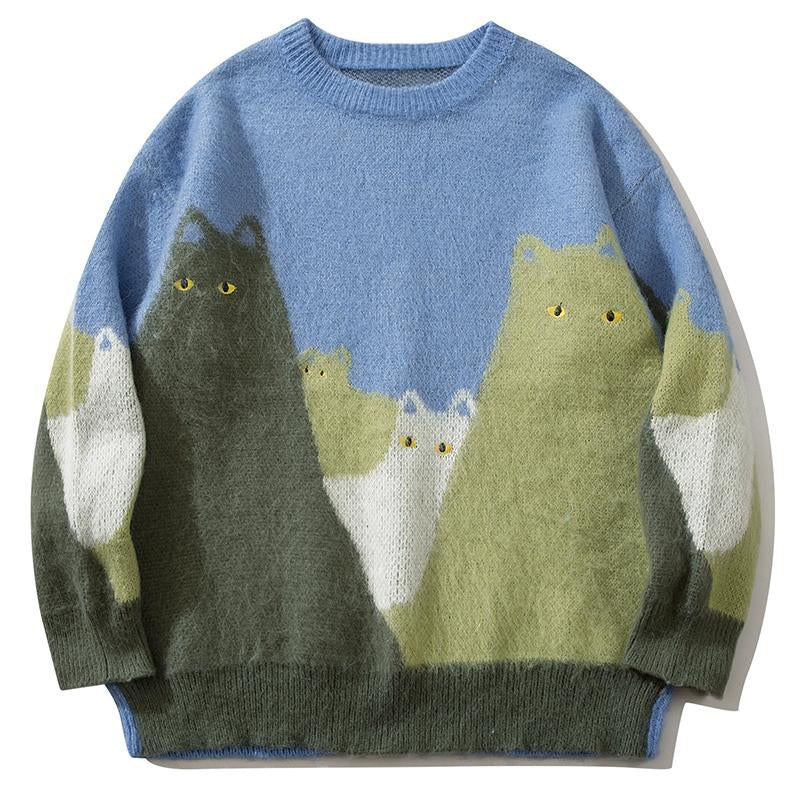 Funny Knitted Cat Embroidery Sweater Autumn Fashion Loose All-Match Pullover Winter Long Sleeve Tops