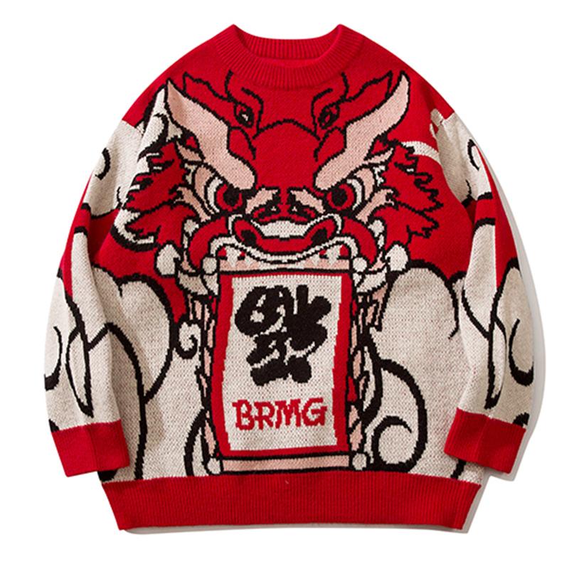 Chinese Style Dragon Print Sweater Loose All-Match Pullover Winter Tops Autumn Fashion Streetwear