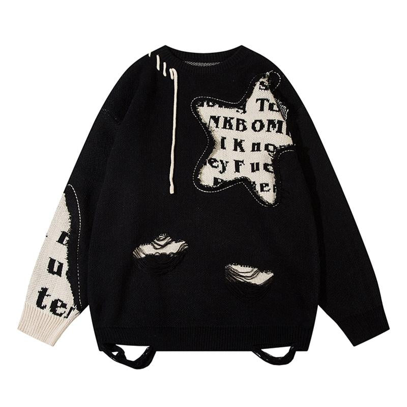 Star Embroidery Ripped Sweater Fashion Loose Round Neck Long Sleeves Warm Autumn Pullovers