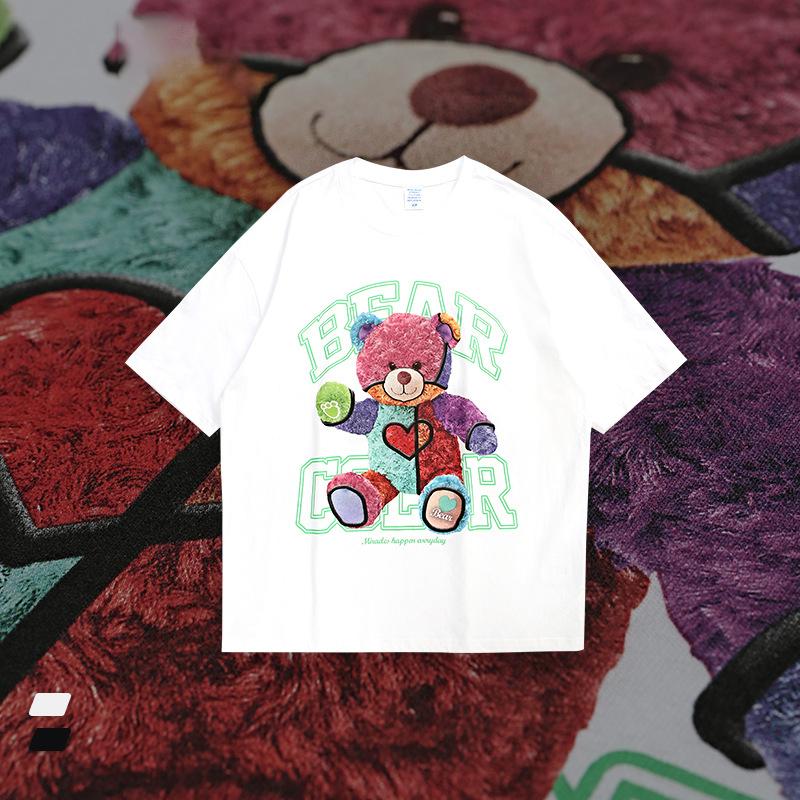 Live Supply 2022 Summer New Rainbow Plush Bear Loose Short-sleeved T-shirt Men's Couple Dress