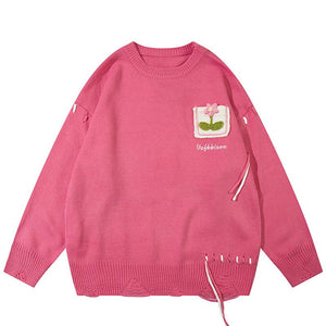 Flower Pocket Sweater Oversize Basic Autumn Warm Streetwear Long Sleeves Round Neck Fashion Pullovers