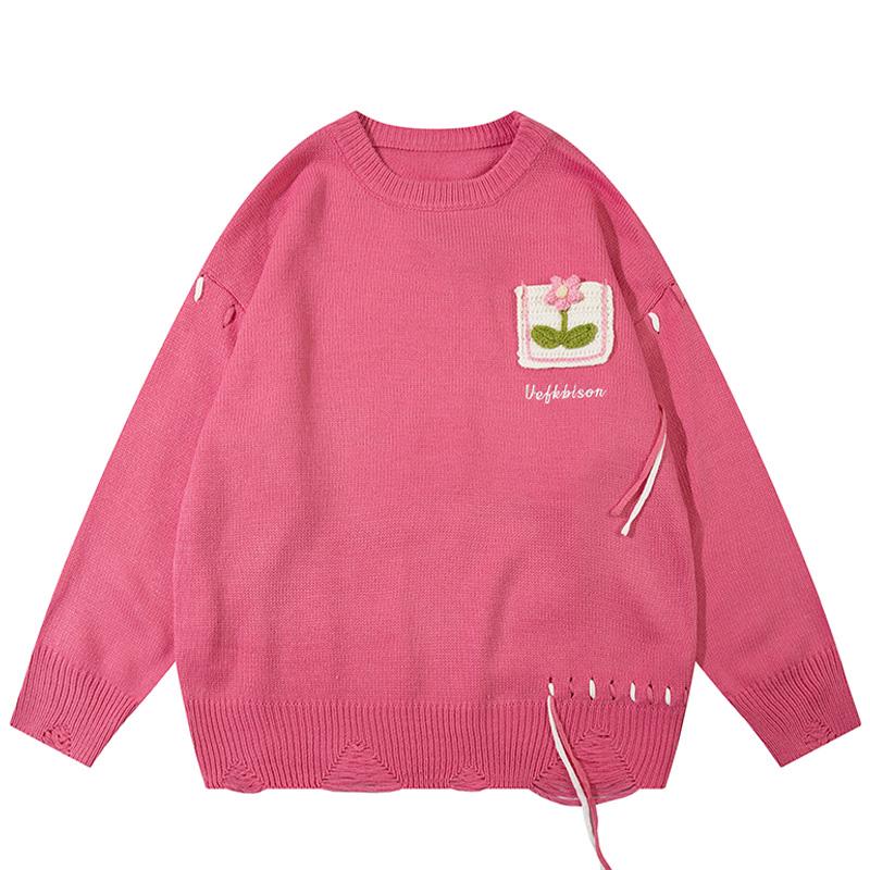 Flower Pocket Sweater Oversize Basic Autumn Warm Streetwear Long Sleeves Round Neck Fashion Pullovers