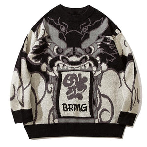 Chinese Style Dragon Print Sweater Loose All-Match Pullover Winter Tops Autumn Fashion Streetwear