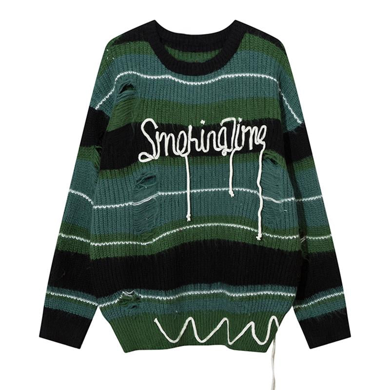 Striped Ripped Sweater Loose Pullover Fashion Streetwear Long Sleeve Winter High Street Autumn Round Neck