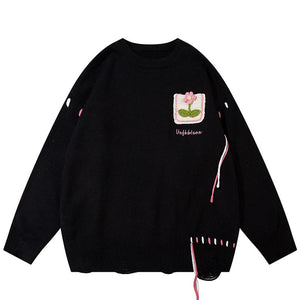 Flower Pocket Sweater Oversize Basic Autumn Warm Streetwear Long Sleeves Round Neck Fashion Pullovers