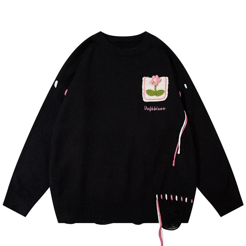 Flower Pocket Sweater Oversize Basic Autumn Warm Streetwear Long Sleeves Round Neck Fashion Pullovers