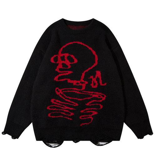 Skull Pattern Sweater Autumn Crew Neck Baggy High Street Casual Fashion Streetwear Warm Basic Pullover