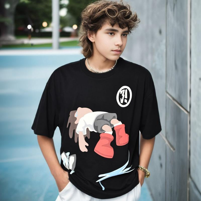 Funny Cartoon Graphic T Shirt Harajuku Loose Men Streetwear Hip Hop O-neck Cotton Tops Tees Oversize Black Fashion Y2K