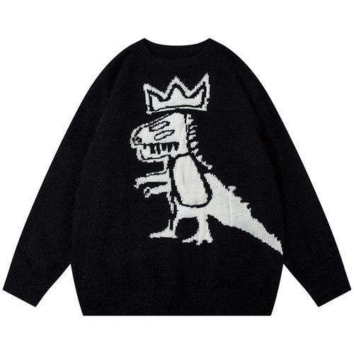 Dinosaur Pattern Sweater Autumn Crew Neck Baggy High Street Casual Fashion Streetwear Warm Basic Pullover