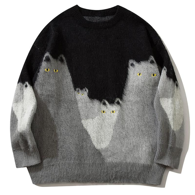 Funny Knitted Cat Embroidery Sweater Autumn Fashion Loose All-Match Pullover Winter Long Sleeve Tops