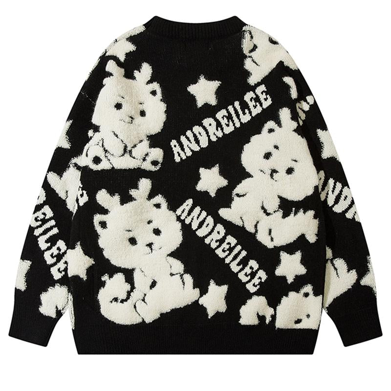 Cartoon Dragon O Neck Sweater Tops Autumn Loose Pullover Winter Drop Shoulder Casual Fashion Knitwears