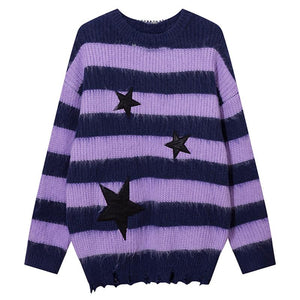 Striped Star Sweater Loose Pullover Winter Tops Autumn Fashion Streetwear Long Sleeve