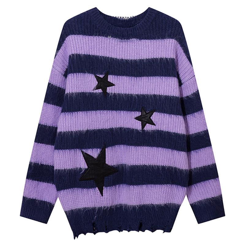 Striped Star Sweater Loose Pullover Winter Tops Autumn Fashion Streetwear Long Sleeve