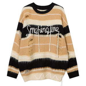 Striped Ripped Sweater Loose Pullover Fashion Streetwear Long Sleeve Winter High Street Autumn Round Neck