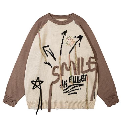 Star Pattern Sweater Autumn Crew Neck Color Contrast Baggy High Street Casual Fashion Streetwear Warm Basic Pullover