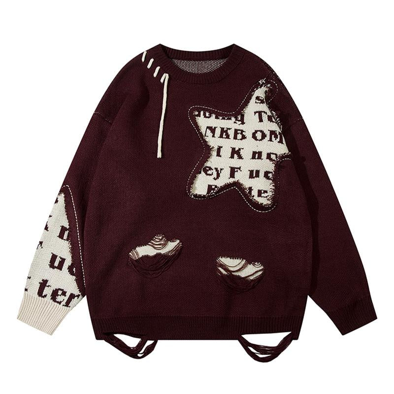 Star Embroidery Ripped Sweater Fashion Loose Round Neck Long Sleeves Warm Autumn Pullovers