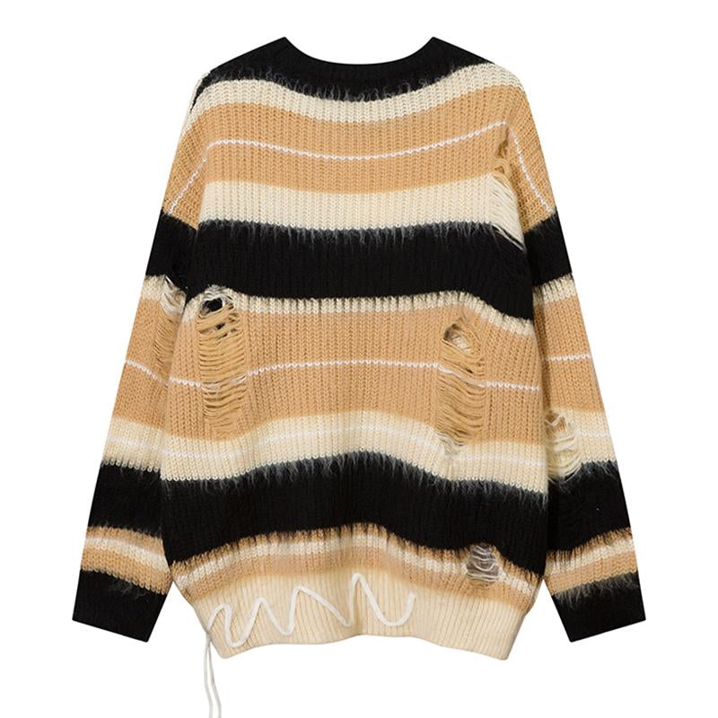 Striped Ripped Sweater Loose Pullover Fashion Streetwear Long Sleeve Winter High Street Autumn Round Neck