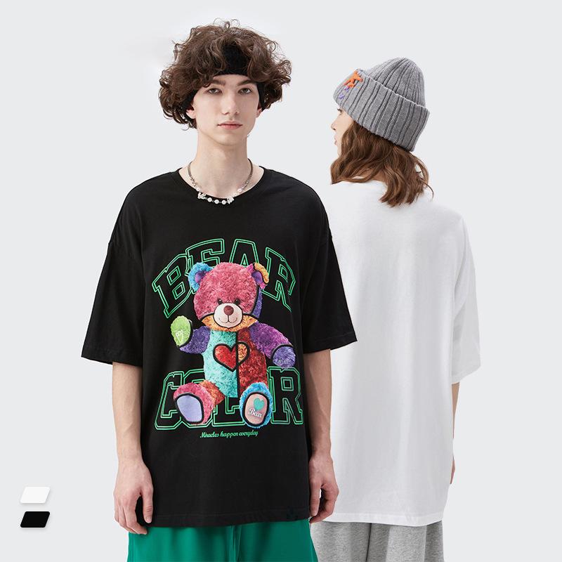 Live Supply 2022 Summer New Rainbow Plush Bear Loose Short-sleeved T-shirt Men's Couple Dress