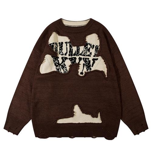 Letter Ripped Sweater Autumn Crew Neck Winter Loose High Street Casual Fashion Streetwear Warm Basic Pullover