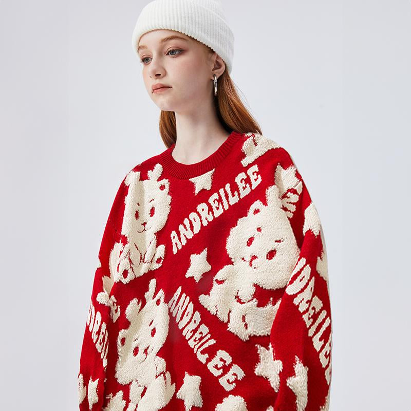 Cartoon Dragon O Neck Sweater Tops Autumn Loose Pullover Winter Drop Shoulder Casual Fashion Knitwears