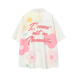 Vertical Line Trade Japanese Style Leisure College Style Flower Couples Short-sleeved Shirt For Men And Women Loose Campus Graffiti Style Short-sleeved Shirt