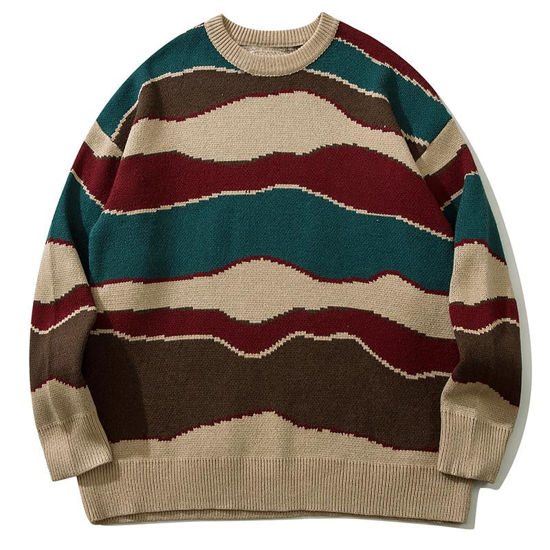 Retro Striped Sweater Autumn Fashion Loose Streetwear Knitted Pullover Winter Long Sleeve Tops