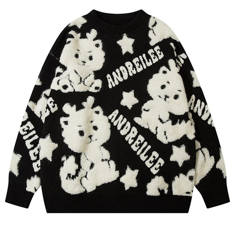 Cartoon Dragon O Neck Sweater Tops Autumn Loose Pullover Winter Drop Shoulder Casual Fashion Knitwears