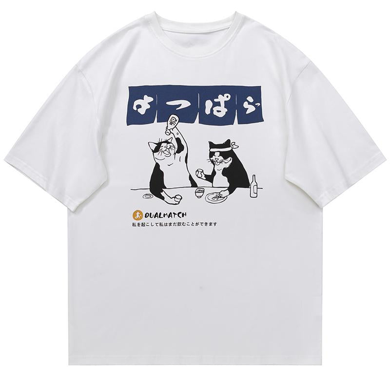 Streetwear Japanese Cartoon Funny Drinking Cat T Shirt Cotton Summer Harajuku Hip Hop Tees Anime Fashion Clothing Casual