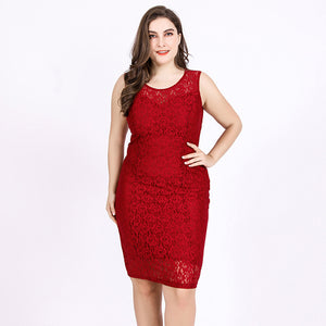 Plus Size Women Lace Dress Summer Sleeveless Crochet Hollow Out Cutout Sexy Office Pencil Dress