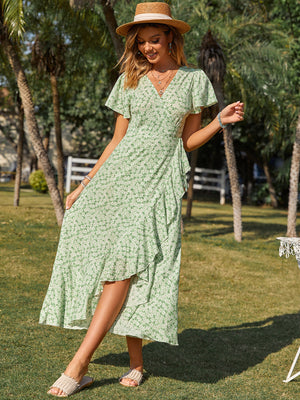 Women Summer Printed V Neck Elegant Tie Loose Ruffled Butterfly Sleeve A Line Maxi Dress