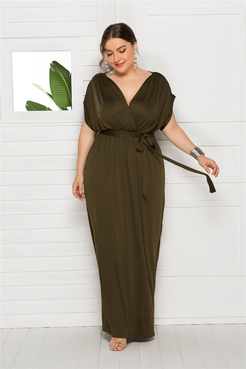 Plus Size Women Clothing Sexy Solid Color V-neck Loose Big Hem Dress