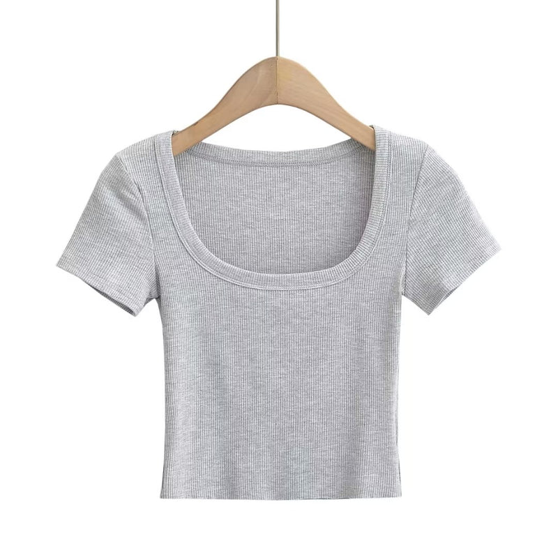 Women Clothing Sexy High Waist Cropped T shirt Top Women Spring Edges Not Stitched Square Cut Collar Slimming
