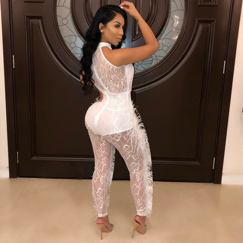 Sexy Solid Color Feather Side Jumpsuit