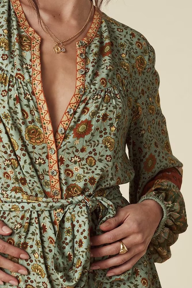 Spring Summer Rayon Floral Positioning Belt Maxi Dress