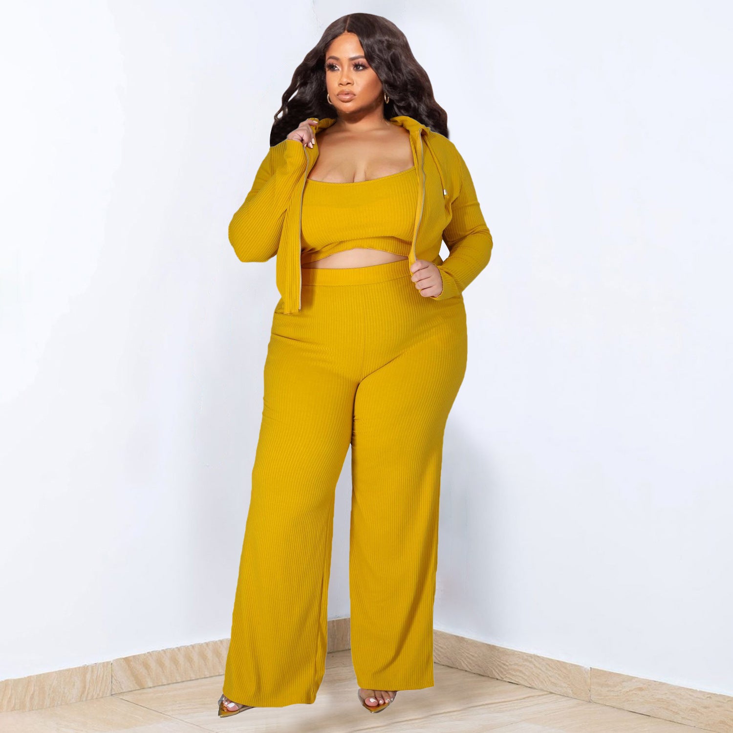 Plus Size High Elastic Sunken Stripe Three Piece Suit Sports Casual Sexy Women Clothing