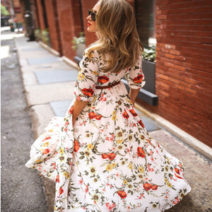 Spring Autumn Dress Printed Large Swing Elegant Chiffon Floral Slim Fitting Dress