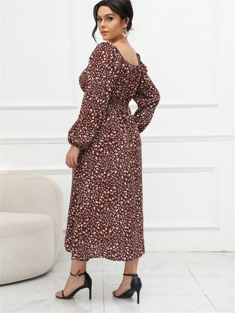 Bubble Sleeved Square Neck Long Sleeved Medium Length Dress