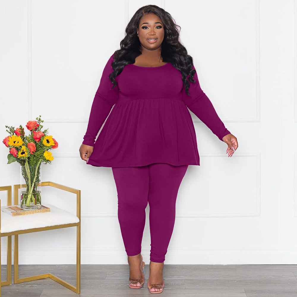 Plus Size Women Clothing Women Suit Solid Color Long Sleeved T Shirt Two Piece Set Women