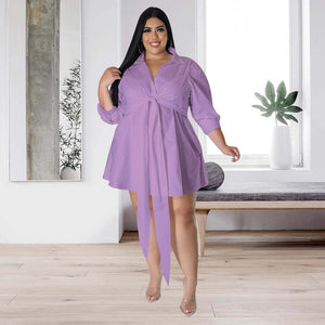 Plus Size Women Sexy Solid Color Tied Shirt Mini Dress