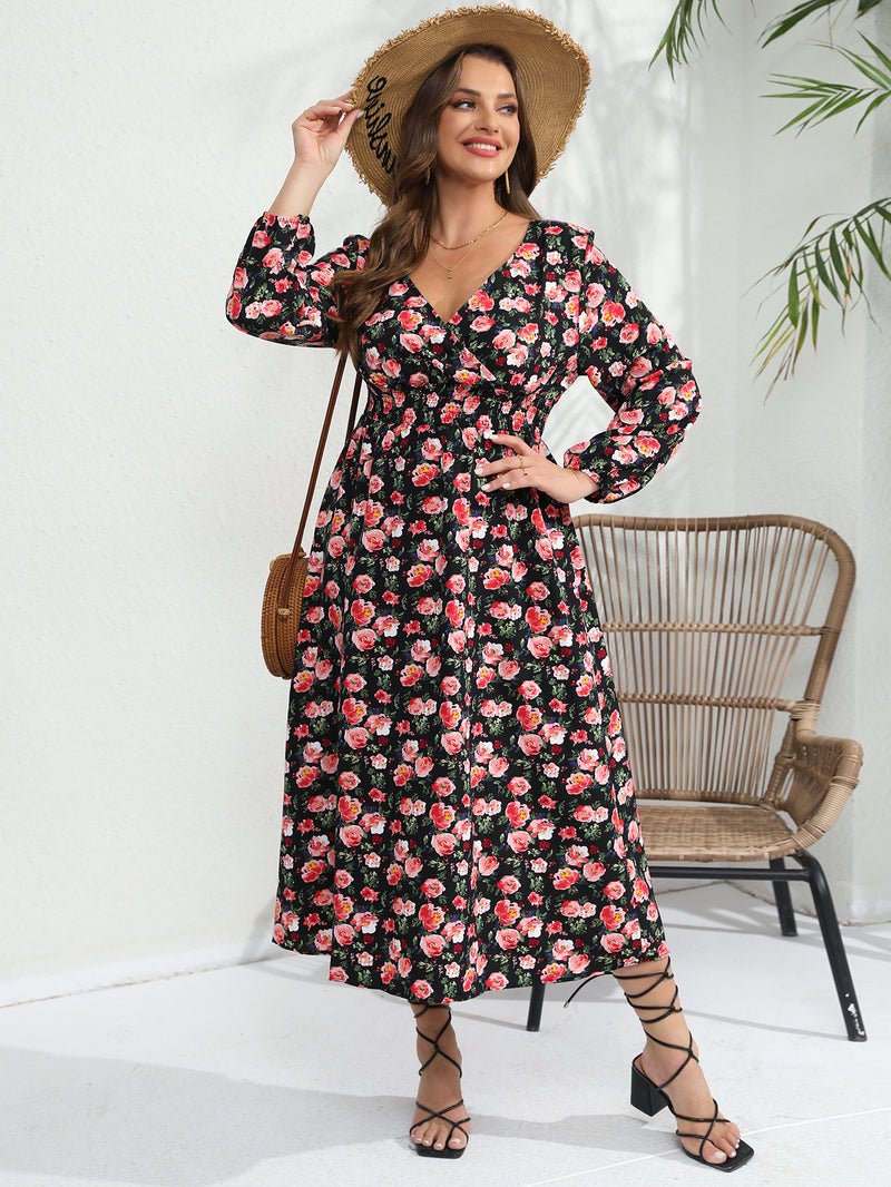 Women Rose Print Long Sleeve Dress