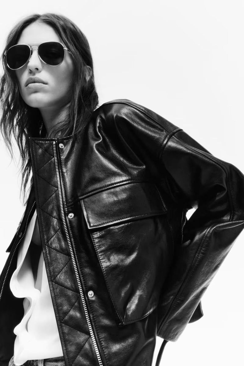 Fall Women Clothing round Neck Leather Pocket Jacket Jacket