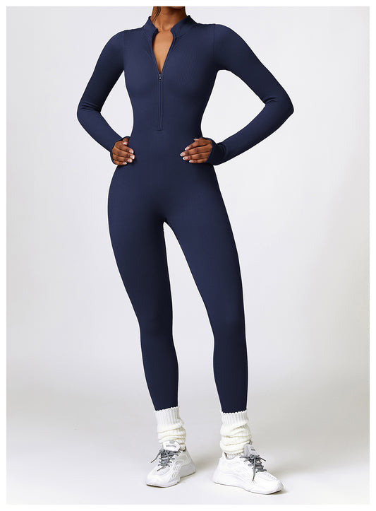 Winter Tight Long Sleeve Yoga Jumpsuit Zipper Belly Contracting High Strength Sports Workout Clothes Women