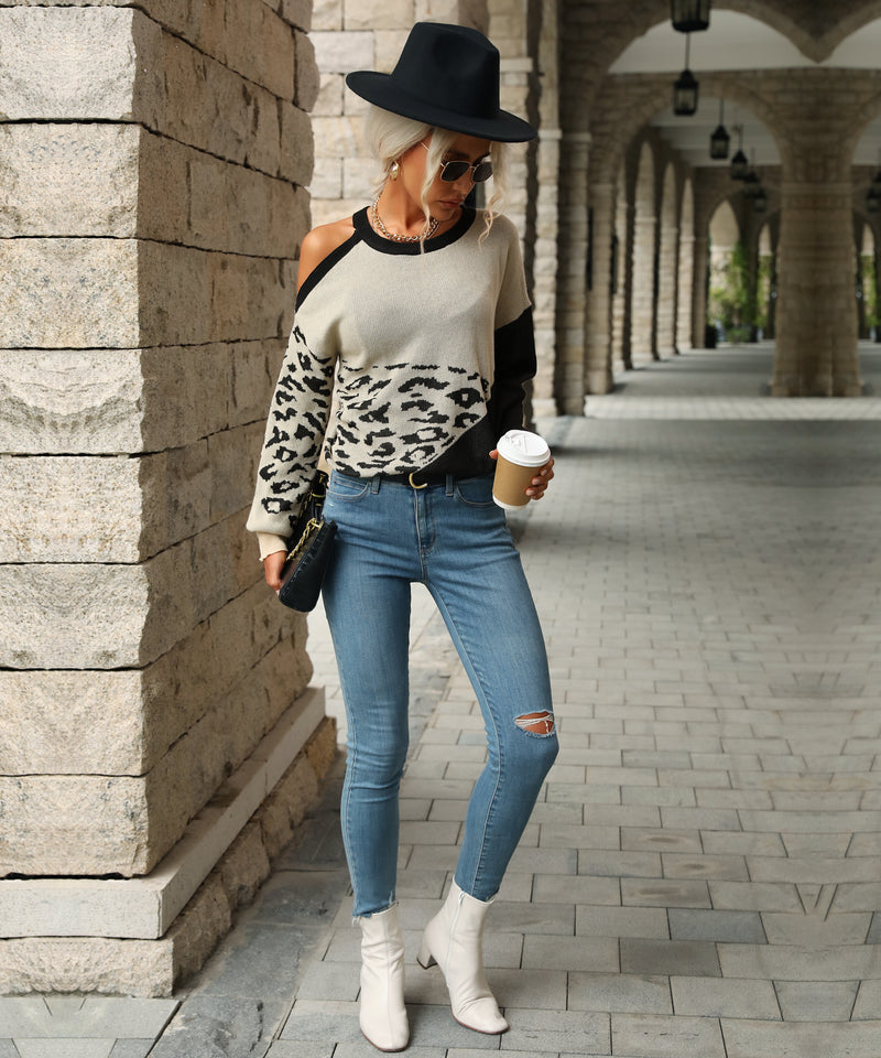 Autumn Women Wear Color Matching Long Sleeve Hollow Out Cutout Sweater