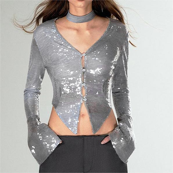 SpecialInterest Design Vneck Long Sleeve Short Top Neck Decorative Top Women Clothing