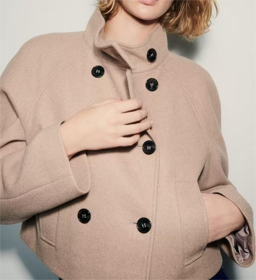 Autumn Women Clothing Double Breasted Woolen Khaki Short Overcoat Jacket