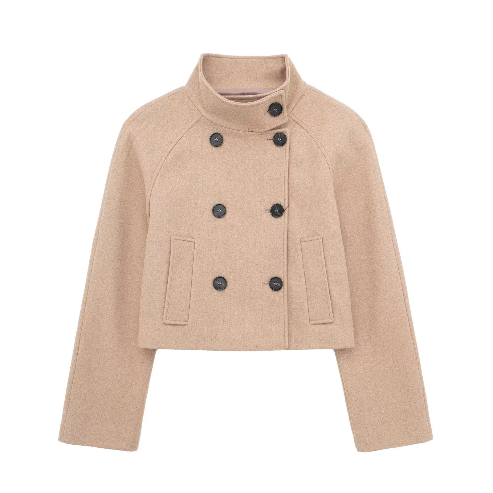 Autumn Women Clothing Double Breasted Woolen Khaki Short Overcoat Jacket