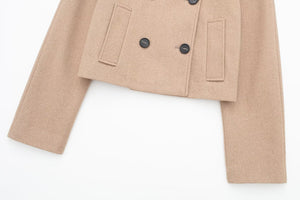 Autumn Women Clothing Double Breasted Woolen Khaki Short Overcoat Jacket